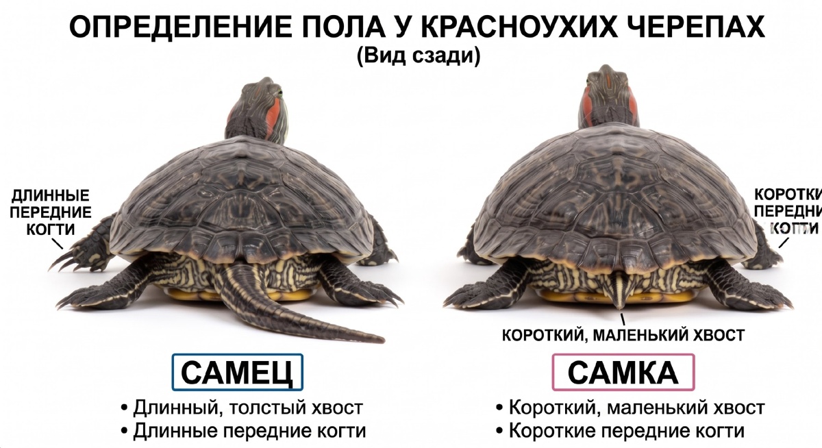 Сравнение хвостов самца (длинный, толстый) и самки (короткий, тонкий) красноухой черепахи